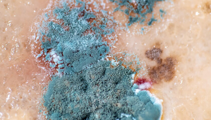 Mold and microorganisms on food, macro shot.