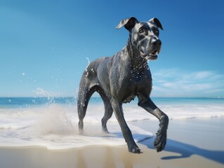 Spirited Great Dane Dog Dashing Along Shoreline of Sea Beach under Sunny Blue Sky. Generative AI.