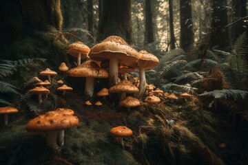 Illustration of towering fungi in a woodland setting. Generative AI