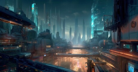 Cyberpunk Urban Future. Futuristic Cityscape. Huge Neon Skyscrapers. Aerial view to a panorama of a futuristic city. Sci-fi wallpaper. Generative AI illustration.