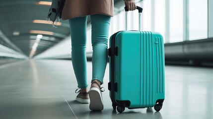 Woman in an airport with blue suitcase. Generated ai.