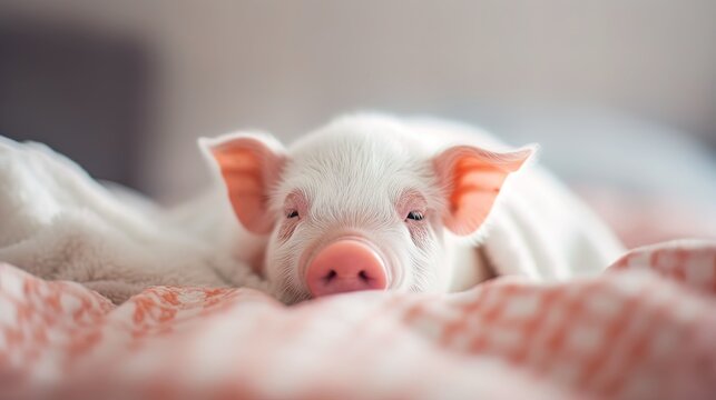 Cute little domestic white pig sleeping in a bed. Generated ai.