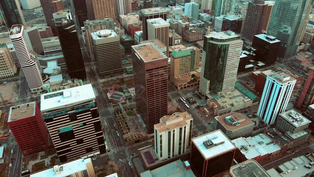 Aerial drone view of Downtown Denver, Colorado.