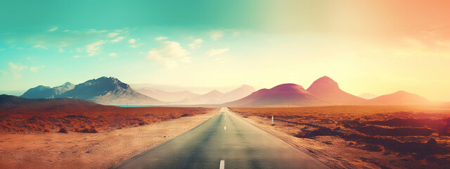 Naklejka na ściany i meble Road to horizon in desert landscape on sunset. Travel concept. Generative AI