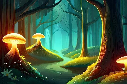 Magical forest with glowing toadstools and fireflies. Generative AI