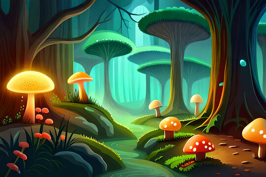 Magical forest with glowing toadstools and fireflies. Generative AI