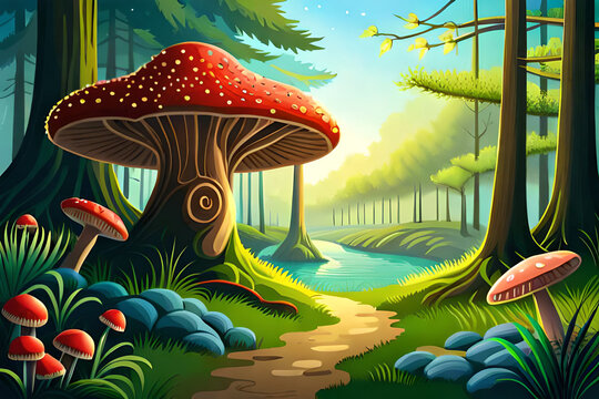 Magical forest with glowing toadstools and fireflies. Generative AI