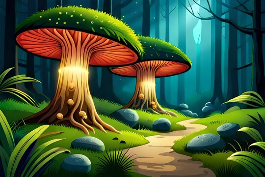 Magical forest with glowing toadstools and fireflies. Generative AI