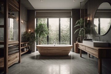 Spacious grey and wood-finished bathroom featuring a bathtub. Generative AI