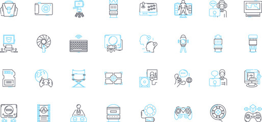 Audio podcast linear icons set. Entertainment, News, Interviews, Storytelling, Education, Technology, Sports line vector and concept signs. Music,Talk show,Comedy outline illustrations Generative AI