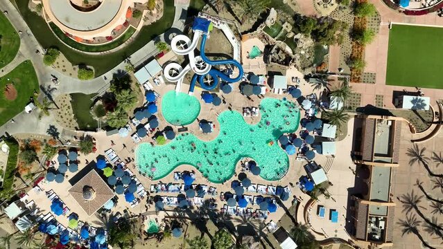 Drone view of the pool and slides at the Westin Rancho Mirage Golf Resort and Spa near Palm Springs CA.