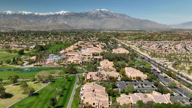 Aerial view flying over the left side of the Westin Rancho Mirage Golf Resort and Spa near Palm Springs California.