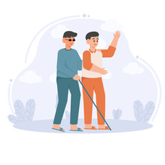 A Man Is Walking With A Man With A Blind Disability And Greeting Someone Illustration