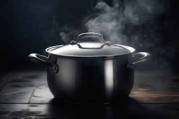 Boiled casserole with steam on cooker dark kitchen. AI generated.