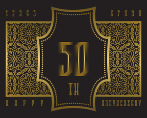 Happy anniversary ornate sign kit. Golden patterned numbers and vintage frame for creating luxurious celebratory label.