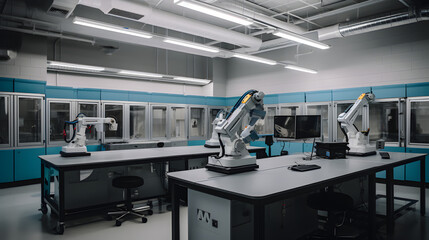 A shot of a university robotics lab with robotic arms and two  created with generative AI
