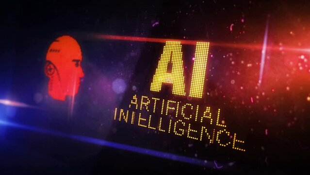 Artificial intelligence symbol light flashing on digital display. Ai machine learning and cyber brain with robot  icon on pixel led screen. Close-up loopable and seamless abstract concept.