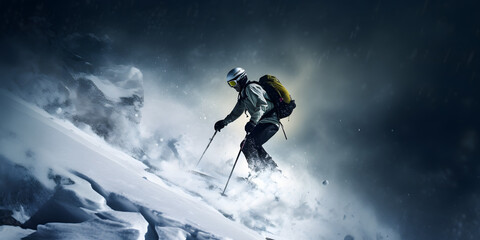 Fototapeta na wymiar A skier making their way down a steep icy slope with pole created with generative AI