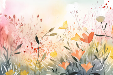 Spring Background Hand Painted Watercolor Drawing, Text Copy Space. Generative Ai