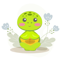 green turtle on a background of flowers for holidays, cards, backgrounds