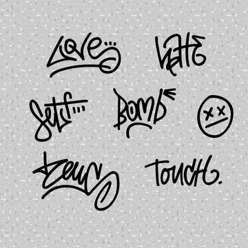 Marker graffiti grunge style tag lettering set. Inscriptions, words - love, hate, self, touch, bomb. Trendy y2k vector isolated illustration on gray background.