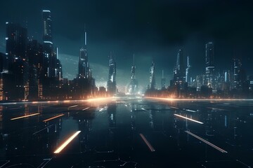 Ultrawide shot of a city at night, with a panoramic view and glowing lights, in a futuristic style. generative AI