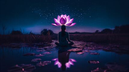 Person meditating in peaceful setting with glowing above her head. AI generated