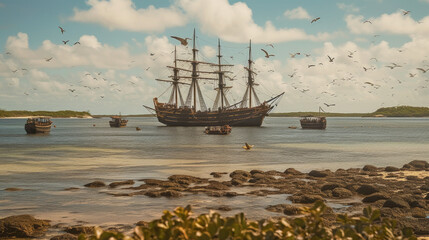 Obraz na płótnie Canvas Pirate ship in the ocean with birds flying around it. Generative AI