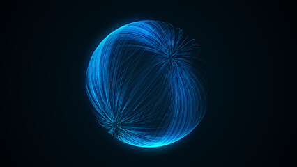 Abstract sci-fi sphere with particles and lines. Technology network connection on world. Futuristic illustration. Global digital connections ai. 3D wireframe geometric sphere. 3D rendering.
