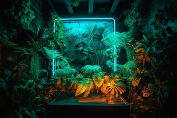 Neon lights in fluorescent frame surrounded by tropical plants in the jungle. Generative AI