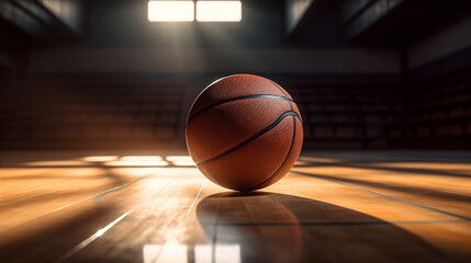 Basketball ball on arena, sport background. AI generated.