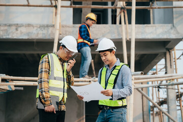 Group architect team on construction site inspection documents and business workflow in the morning.