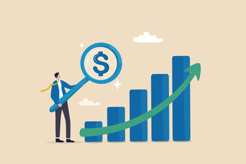 Revenue or salary increase, growth investment profit or earning from stock market, money or wages growing concept, businessman with magnifying glass on dollar money sign with growth graph and chart. - obrazy, fototapety, plakaty