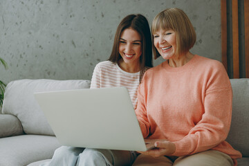 Two adult IT women mature mom young kid wear casual clothes work hold use laptop pc computer sit on...