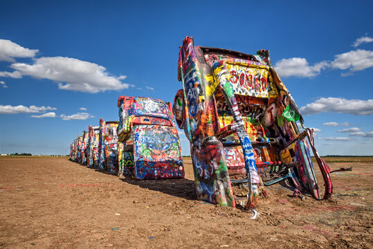 AMARILLO, TEXAS, USA - MAY 12, 2016 : Cadillac Ranch in Amarillo. Cadillac Ranch is a public art installation of old car wrecks and a popular landmark on historic Route 66