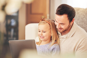 Tablet, dad and child learning on a kids education app on a living room sofa at home. Parent love, digital support and care from father and young girl looking at a cartoon and educational video
