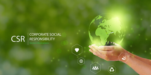 Hand holding Earth globe icon CSR concept design.Corporate social responsibility and giving back to...