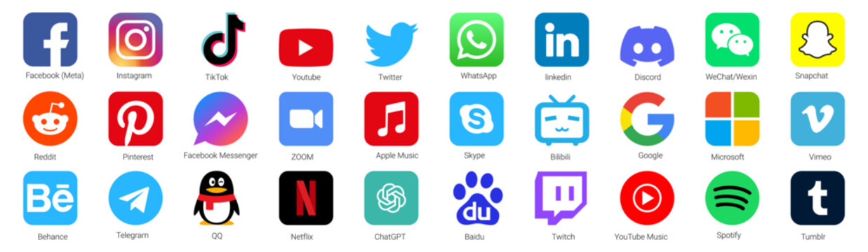Rivne, Ukraine - April 27, 2023. Collection of popular social media logo. Facebook, instagram, twitter, youtube, tiktok, telegram, whatsapp, ChatGPT, Midjourney. Realistic editorial icons set.