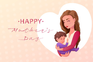 Happy Mothers day greeting with woman holding boy smiling in heart shape in cartoon style, mum and baby poster, card with text.