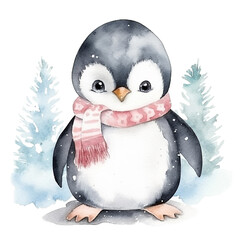 Watercolor penguin in scarf isolated on white background.  - obrazy, fototapety, plakaty
