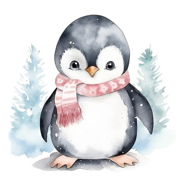 Watercolor penguin in scarf isolated on white background. 