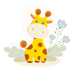 cheerful yellow giraffe on a background of grass and flowers