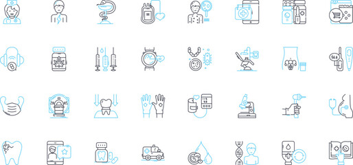 Primary care linear icons set. diagnosis, prevention, treatment, education, screening, referral, follow-up line vector and concept signs. management,counseling,communication outline illustrations