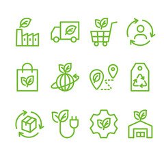 Sustainable logistics and supply chain. Vector simple line icon set for eco, recycle or sustainable products.