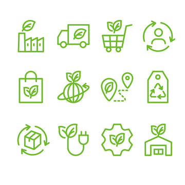 Sustainable Logistics And Supply Chain. Vector Simple Line Icon Set For Eco, Recycle Or Sustainable Products.