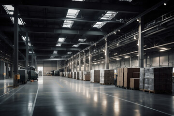 Obraz premium Well-lit logistics hub with high ceilings. AI generated.
