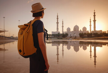 Obraz premium travel to the United Arab Emirates, Happy young asian female traveler with backpack and hat in Wahat Al Karama or Oasis of Dignity, permanent memorial for its martyrs, and Shaikh Zayed Grand Mosque.
