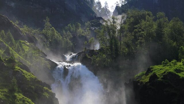 Latefossen Waterfall Odda Norway. Latefoss is a powerful, twin waterfall.