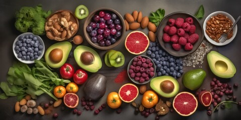 Assorted fresh fruits, vegetables, and nuts in bowls