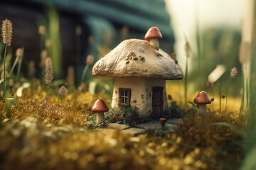 Tiny cute little fairy house in a mushroom. Created with Generative AI technology.